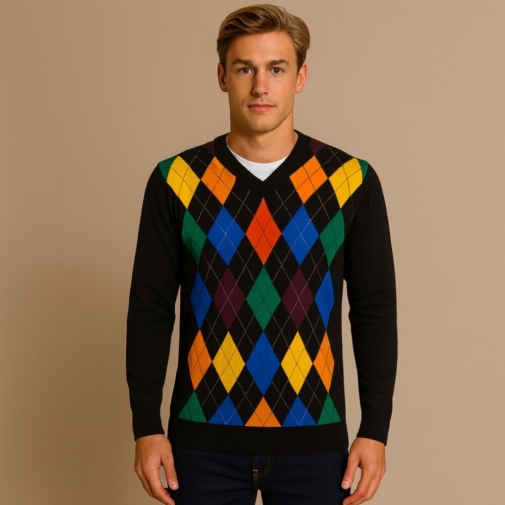 Bugatti Men's V-Neck 100% Cotton Sweater Multicolor Argyle Preppy Size Large